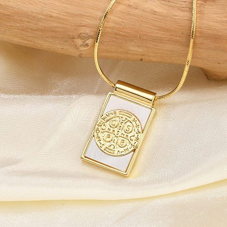 Brass Pave Shell Rectangle Saint Benedict Medal Cross Pendants Necklaces for Women NJEW-Z053-01G-02-1