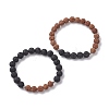 Natural Lava Rock & Wooden Round Beaded Stretch Bracelet BJEW-JB10075-03-4