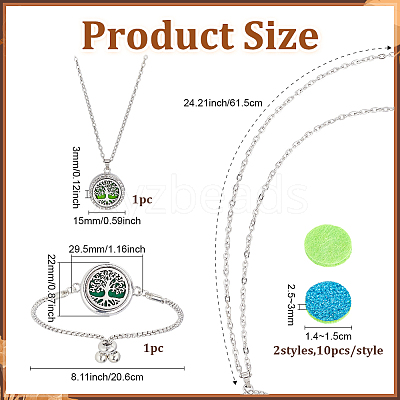 1Pc Stainless Steel Hollow Flat Round with Tree of Life Diffuser Locket Pendant Necklaces & 1Pc Slider Bracelets Sets SJEW-PH0001-27-1