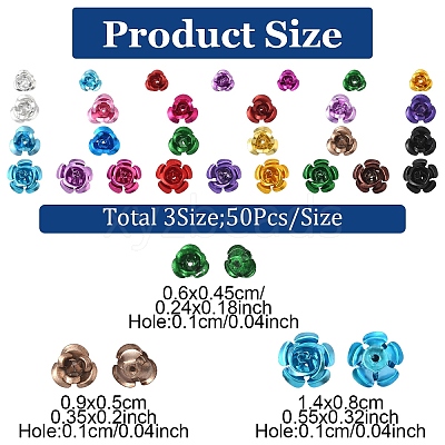 150Pcs 3 Styles Aluminum 3D Rose Flower FALUM-YW0001-02-1