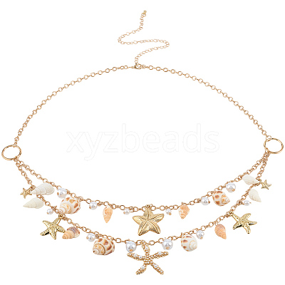 1Pc Starfish Shell Alloy & Resin & Natural Shell Double Layer Tassel Summer Beach Waist Chains for Sexy Bikini AJEW-CY0001-94-1