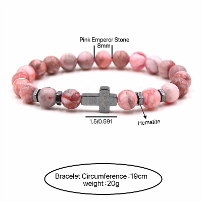 8MM Round Dyed Natural Imperial Jasper Beaded Stretch Bracelets with Synthetic Non-magnetic Hematite Cross FA1012-4-1