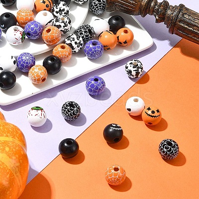 45Pcs 9 Colors Printed Round Wood European Beads WOOD-FS0001-21-1