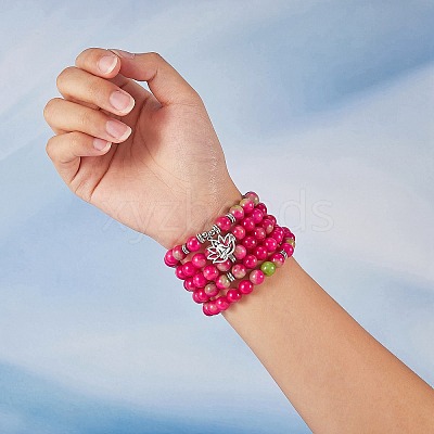 Natural White Jade Round Beaded Wrap Bracelet with Alloy Ohm/Aum Lotus AJEW-PH00503-02-1