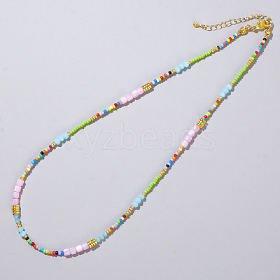 Ethnic Style Rainbow Color Square Natural Shell & Glass & Glass Seed Beaded Necklaces for Women LS-RH4254-2-1
