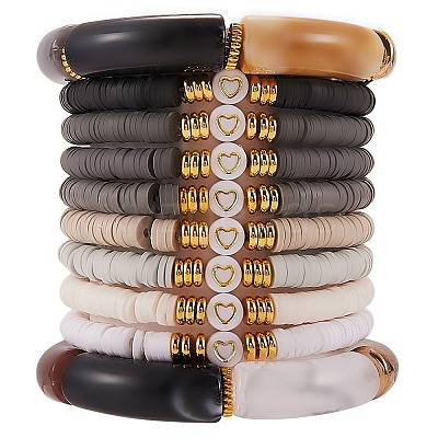 10Pcs 10 Style Handmade Polymer Clay Heishi Beaded Stretch Bracelets Set with Heart BJEW-SW00036-05-1