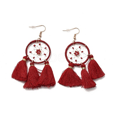 Tassels Woven Net Dangle Earrings with Resin Beaded EJEW-E267-04RC-1
