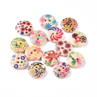 2-Hole Printed Wooden Buttons WOOD-E011-01-1