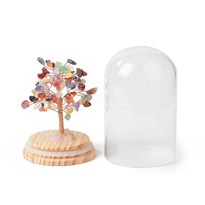Natural Gemstone Chips Money Tree in Dome Glass Bell Jars with Wood Base Display Decorations DJEW-B007-04E-1