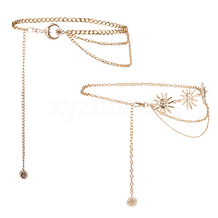 2Pcs 2 Styles Moon Sun Alloy Link Waist Body Chains AJEW-UN0002-20G-1