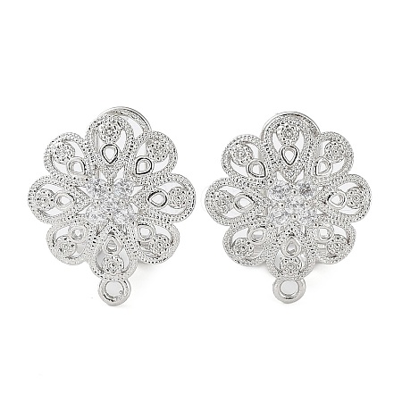 Flower Brass Micro Pave Cubic Zirconia Stud Earrings Finding KK-E083-17P-1