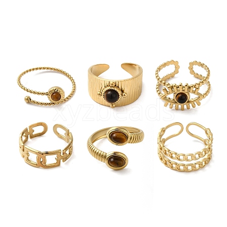 6Pcs 6 Style Rectangle & Horse Eye & Half Round 304 Stainless Steel Open Cuff Rings Set RJEW-P092-03G-M-1