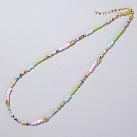 Ethnic Style Rainbow Color Square Natural Shell & Glass & Glass Seed Beaded Necklaces for Women LS-RH4254-2-1
