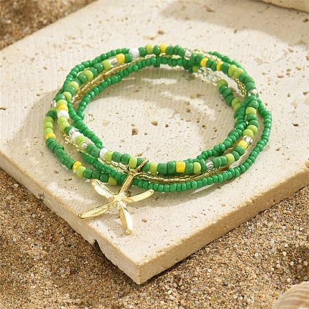 Multilayer Glass Seed Beads Starfish Pendant Anklet for Women PW-WG7288D-05-1