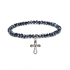 Glass Round Beaded Stretch Bracelet with Alloy Cross Charm for Women BJEW-JB08509-4