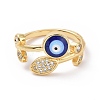 Clear Cubic Zirconia Leaf & Enamel Evil Eye Open Cuff Ring RJEW-P032-04G-3