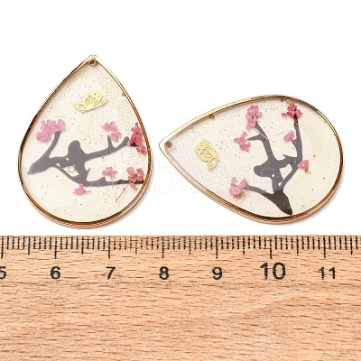 Brass & Transparent Epoxy Resin & Dried Flower Pendants RESI-G133-03G-02-1