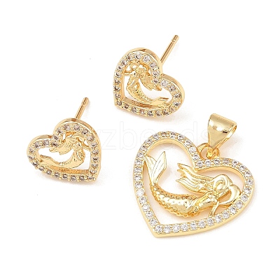 Brass Micro Pave Cubic Zirconia Pendant & Stud Earrings Sets for Women SJEW-F227-01M-G-1