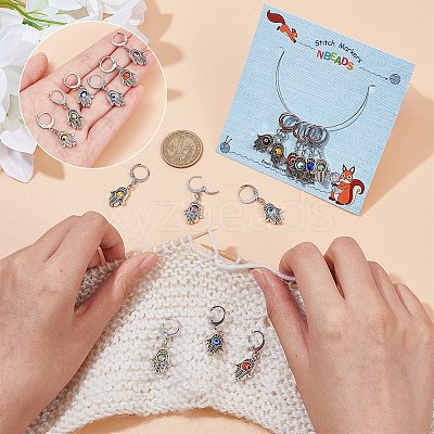 Alloy Hamsa Hand Pendant Locking Stitch Markers with Handmade Evil Eye Lampwork HJEW-PH01888-1
