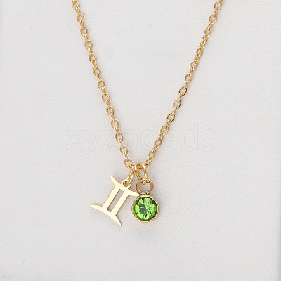 304 Stainless Steel Peridot Rhinestone Birth Stone Constellation Pendant Necklaces FS-WG76580-08-1