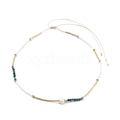 Adjustable Miyuki Seed & Pearl & Natural African Turquoise Beaded Necklaces NJEW-O127-01-1