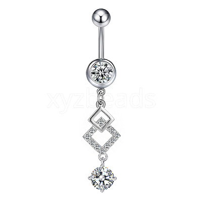304 Stainless Steel Pave Clear Cubic Zirconia Curved Barbell Rhombus Dangle Belly Rings FS-WGF29F0-07-1