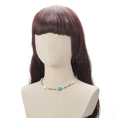 Tortoise Dyed Synthetic Turquoise & Shell Pearl & Glass Seed Beaded Necklace NJEW-TA00054-1