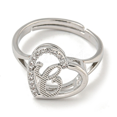 Heart with Letter Rack Plating Brass Micro Pave Cubic Zirconia Adjustable Rings for Women RJEW-I105-06P-C-1