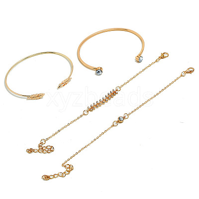 4Pcs 4 Styles Feather & Flat Round Alloy with Crystal Rhinestone Cuff Bangles & Link Bracelets FS-WGEDE23-01-1