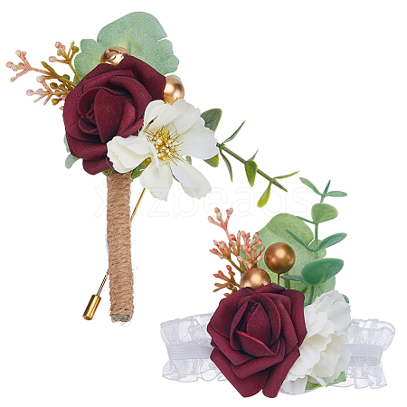 CRASPIRE 2Pcs 2 Style Cloth & Plastic Imitation Rose Boutonniere & Wrist Corsages AJEW-CP0005-93-1