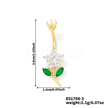 Flower Brass Cubic Zirconia Belly Rings Curved Barbell QR5785-3-1