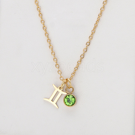 304 Stainless Steel Peridot Rhinestone Birth Stone Constellation Pendant Necklaces FS-WG76580-08-1