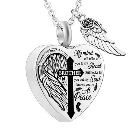 Non-Tarnish Heart and Wing Urn Ashes Pendant Necklace BOTT-PW0001-039A-1