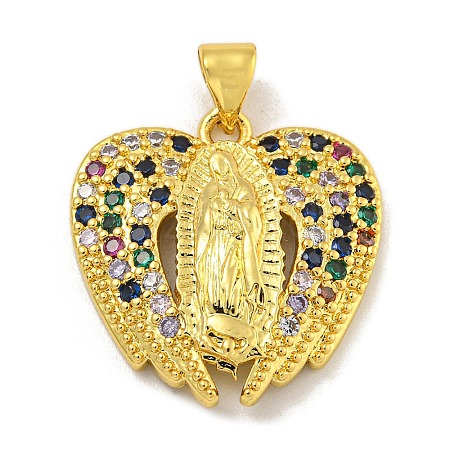 Virgin Mary Theme Rack Plating Brass Micro Pave Cubic Zirconia Pendants KK-C074-23G-04-1