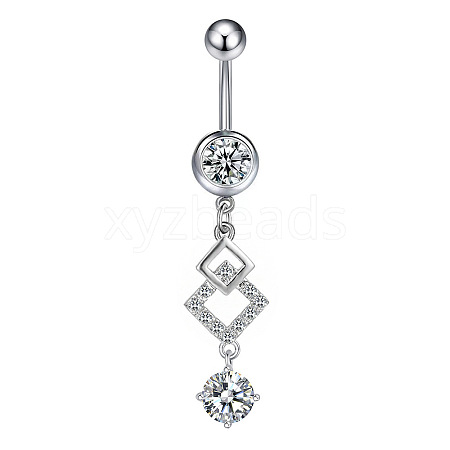 304 Stainless Steel Pave Clear Cubic Zirconia Curved Barbell Rhombus Dangle Belly Rings FS-WGF29F0-07-1