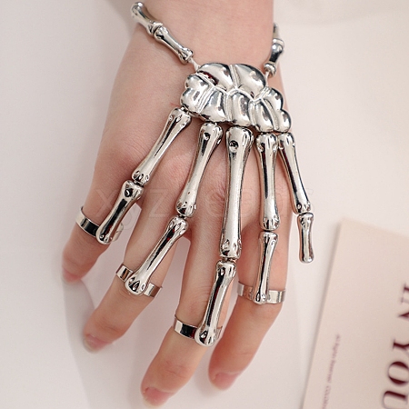 Halloween Themed Skull Alloy Full Hand Ring Bracelet BJEW-L680-01P-1