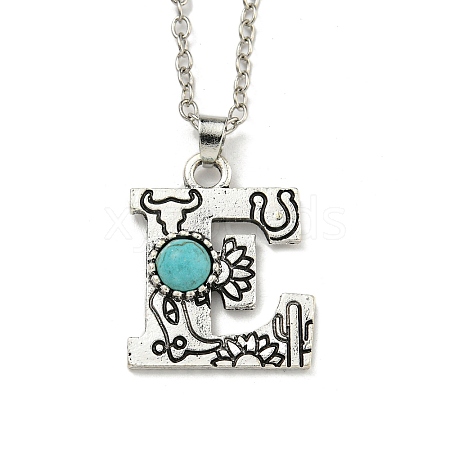 Letter A~Z Antique Silver Plated Alloy with Synthetic Turquoise Pendant Necklaces NJEW-G080-01E-1