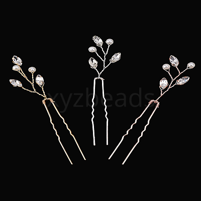 3Pcs 3 Colors Brass Rhinestone Hair Forks MRMJ-LP0001-06-1