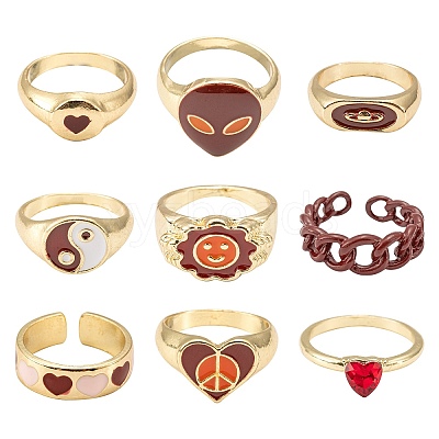 9Pcs 9 Style Heart & Curb Chain & Oval Rings RJEW-LS0001-57-1