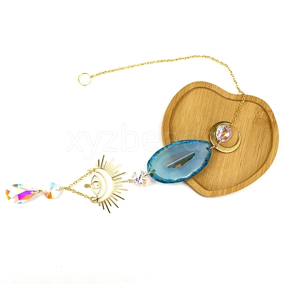 Natural Agate Piece & Metal Evil Eye Moon Hanging Ornaments PW-WG66301-07-1