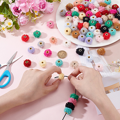 80Pcs 16 Colors Cloth Alloy Plush Pompom Ball Beads DIY-GA0008-86-1
