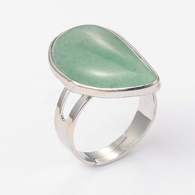 Adjustable Natural Green Aventurine & Platinum Brass Rings RJEW-N024-02F-1