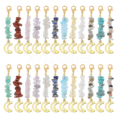 24Pcs 12 Style Alloy and Natural & Synthetic Gemstone Pendant Decorations HJEW-CA00052-1