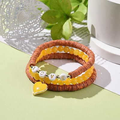 3Pcs 3 Style Natural Dyed Yellow Jade & Acrylic Word Love Beaded Stretch Bracelets Set with Alloy Enamel Heart Charms BJEW-JB08924-03-1
