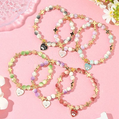 6Pcs 6 Colors Heart with Eye Alloy Enamel Charm Bracelets BJEW-JB12287-1