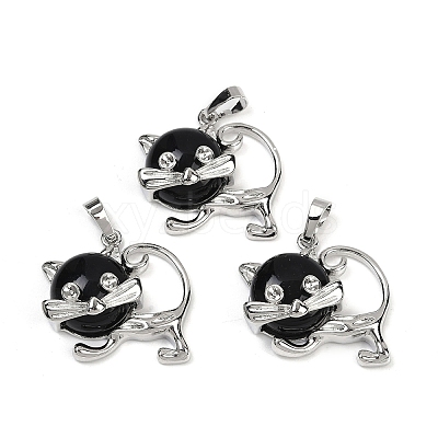 Natural Obsidian Kitten Pendants G-J386-C17-14-1