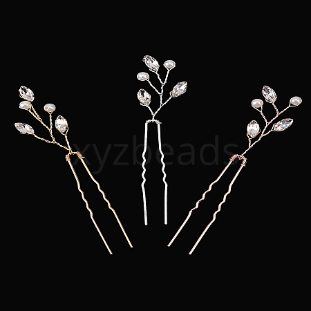 3Pcs 3 Colors Brass Rhinestone Hair Forks MRMJ-LP0001-06-1