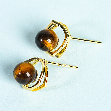 Natural Tiger Eye Studs Earrings PW-WG46384-09-1