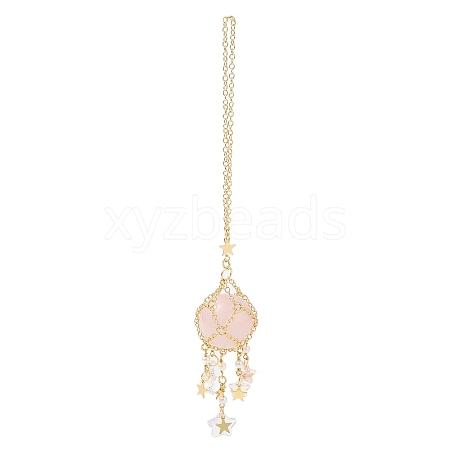 Natural Rose Quartz with Rack Plating Brass Pendants Decorations AJEW-B023-01G-06-1