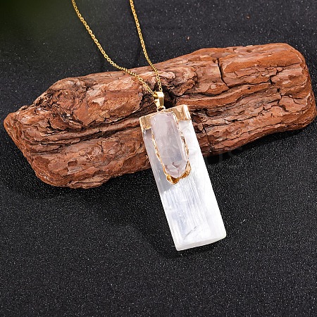 Natural Quartz Crystal & Selenite Rectangle Pendant Necklaces PW-WGF8248-07-1